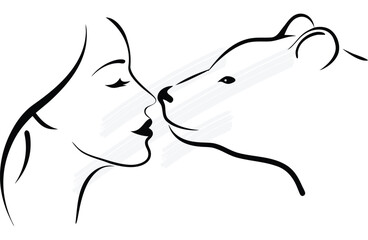 Minimalist Line Art Woman's Profile Bear Face Approaching animal woman continuous line art