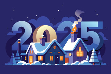 Snowy Winter Night with Cozy House and 2025 Typography in Festive Style