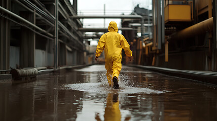Person in yellow protective suit wading through water in industrial area. The suit provides protection against hazardous elements, demonstrating safety measures.