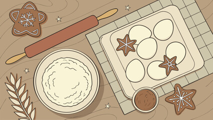 Cozy Christmas Baking Scene with Cookies, Rolling Pin, and Festive Ingredients
