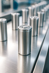 Cylindrical lithium battery cells on a stainless factory line—clean energy manufacturing and EV supply chain — generative AI