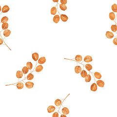 Seamless pattern with watercolor copper orange leaves on white background. Warm natural botanical design ideal for wrapping paper, fabric, wallpapers, and autumn decor.