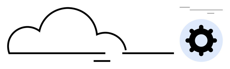 Cloud with a connecting line and gear indicating cloud computing, technology, and process settings. Ideal for data storage, IT, software, innovation, automation system management. Simple flat