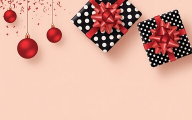 Obraz premium Festive christmas gift boxes and ornaments on a soft pink background