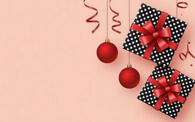Festive holiday gifts with red ribbons and ornaments on pink background