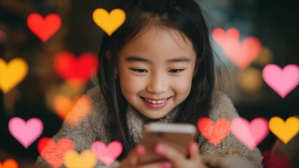 Happy smiling cute little Asian girl looking at smartphone screen with colourful hearts floating around. Social media digital chat communication and notification icons concept - Powered by Adobe