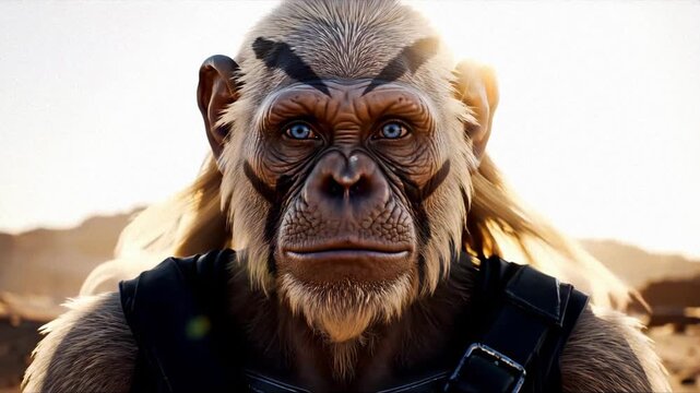 Planet of the Apes: Warrior Monkey with Blue Eyes in Desert Landscape at Sunset
