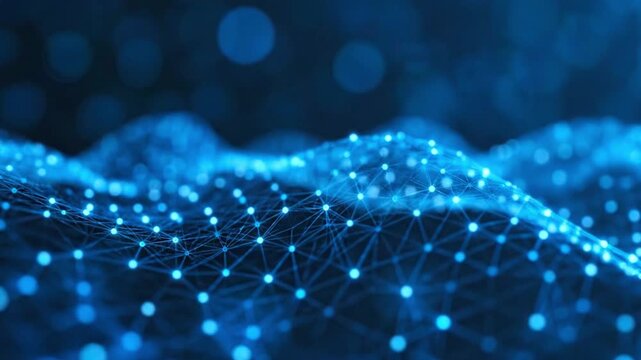 Blue abstract network with glowing nodes and connecting lines on a dark blue background design looks techy