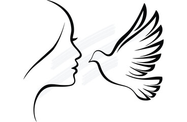 Woman's Profile Silhouette Kissing a Dove Bird with Wings Outstretched animal woman continuous line art