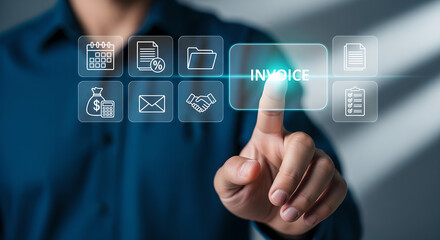 Invoice Button Finance Business Digital Male Hand Touching Virtual Screen