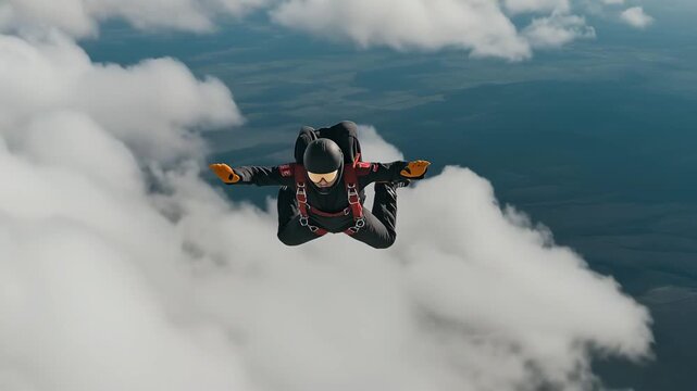 Skydiver in freefall with arms outstretched amidst clouds and landscape skydiving parachute