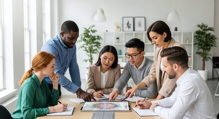 In a bright and airy office, a diverse group of colleagues gathers around a table, deeply engaged in a collaborative discussion about a project, their focused expressions reflecting their commitment t