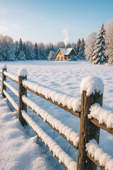 Sunny winter morning: wooden fence capped with fresh snow leading to a smoking-chimney cabin; peaceful rural landscape and cozy mood — generative AI