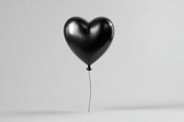 A single black heart-shaped balloon floats against a minimalist gray background.