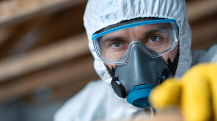 A man in a hazmat suit is wearing a gas mask and looking up at something