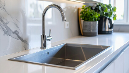 A modern kitchen sink with a sleek faucet, surrounded by elegant marble countertops and a vibrant plant for a stylish touch.