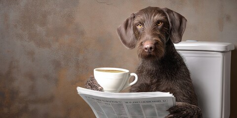dog sitting on toilet holding cup of coffee and reading newspaper 