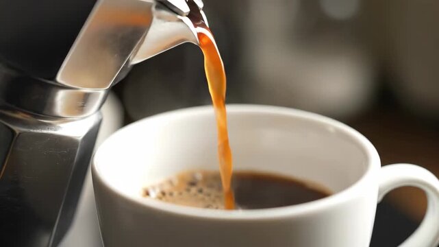 Freshly brewed beverage pouring into a white cup close up