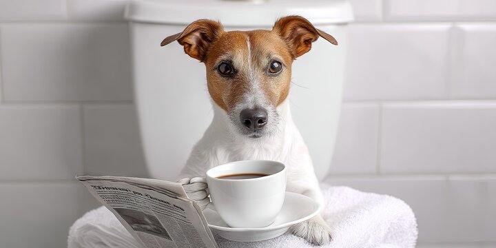 dog sitting on toilet holding cup of coffee and reading newspaper 