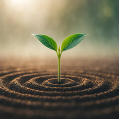 Green seedling rising from soil with soft sunrise bokeh and zen rings; growth, renewal and eco-sustainability concept — generative AI