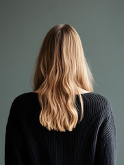 Naklejka premium Back view of a person with long blond hair, wearing a black sweater against a plain dark green background. Minimalist fashion shot. Focus on the hair texture and color.