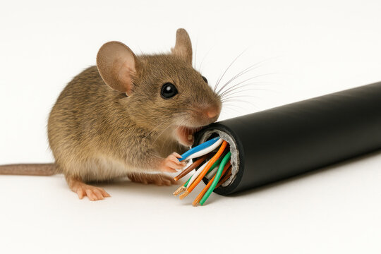 A mouse gnaws on an electric cable.