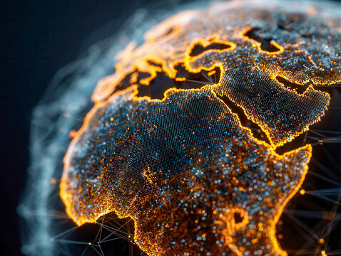 Digital rendering of Africa and surrounding regions highlighting interconnected data points with glowing orange outlines showcasing modern global network connectivity and