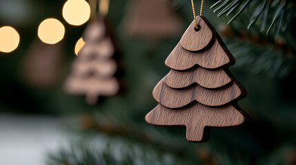 Wooden Christmas tree ornaments hanging on a green pine branch, with soft golden lights blurred in the background, evoke festive warmth and holiday cheer. #Christmas #Ornaments