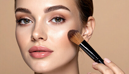 Close-up of a makeup brush applying highlighter to a woman's cheek.
