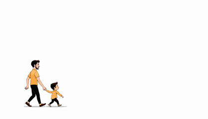 Fototapeta premium Father and daughter walking hand in hand across a serene landscape with bright floral accents under a clear sky