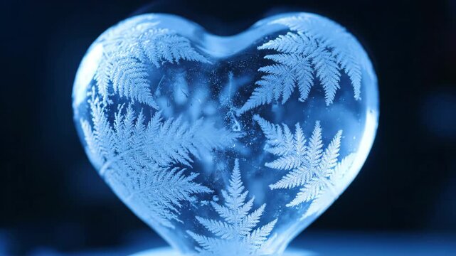 Heart shaped object with botanical etching illuminated with blue light
