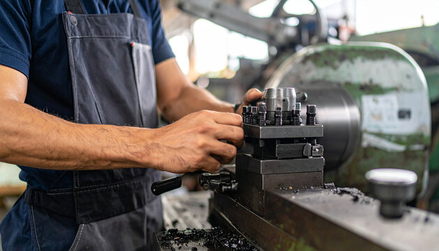 A technician working diligently on intricate machinery in an industrial workshop, emphasizing precision and technical expertise.
