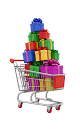 shopping carts full of colorful gift boxes. Concept of discount.