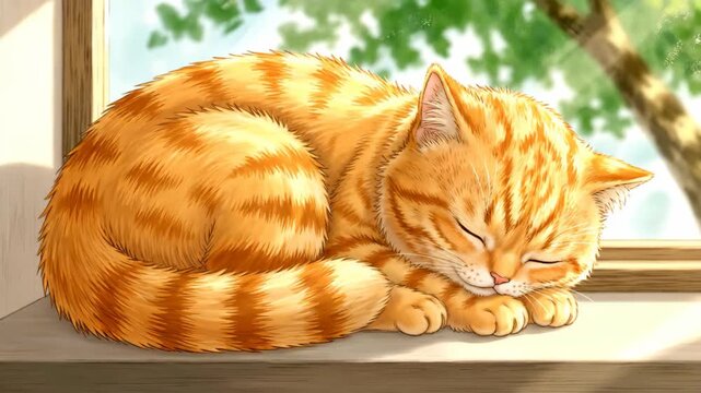 Orange tabby cat sleeping curled up on window sill near sunlight