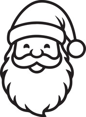 Stylized Black and White Outline of Santa Claus Face with Hat and Beard Christmas holiday on transparent background
