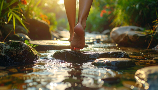 Delicate and beautifully pedicured toes gracefully step black spa stones blending surrounding greenery peaceful outdoor atmosphere.
