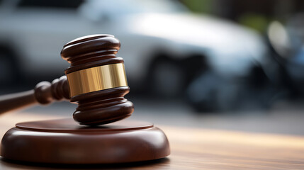 Obraz premium Wooden gavel resting on a table, symbolizing legal proceedings or auctions. The gavel stands for authority, decision-making, and the rule of law within a judicial context.