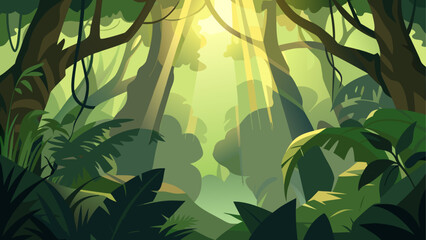 Sunlight shining through a dense tropical forest