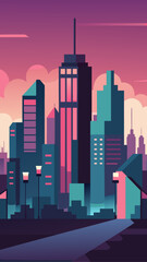 Cityscape illustration with buildings at sunset