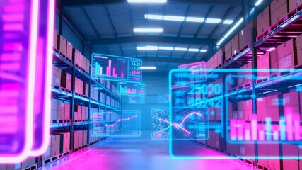 Futuristic warehouse using holographic displays for logistics data analysis. AI-powered inventory management and supply chain optimization in a modern distribution center - Powered by Adobe