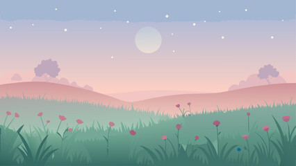 Peaceful pastel landscape with rolling hills and blooming poppies under a starry sky