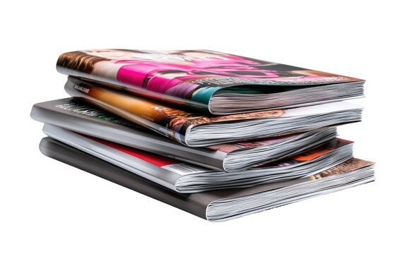 Stack of glossy magazines, various colors and images