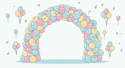 A festive balloon arch in pastel colors with ice cream cone balloons and confetti for a celebration. © Wisnu505