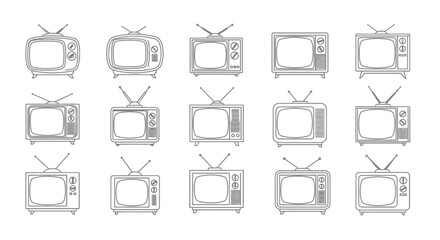 A collection of 15 black and white line art illustrations depicting various retro television sets with antennas, showcasing vintage technology.