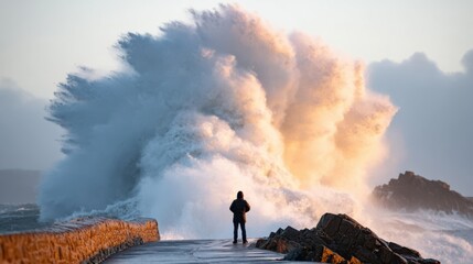 Person facing massive wave on rocky pier