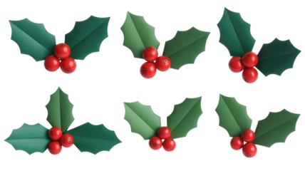 Six vibrant green paper holly leaves with bright red berries, arranged on a dark transparent background, perfect for festive designs. background removed