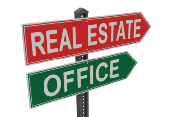 Directional signs on a pole: red 'REAL ESTATE' and green 'OFFICE' point right, indicating choices or business paths. background removed