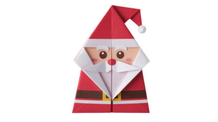 A charming origami Santa Claus, meticulously folded from colorful paper, featuring his classic red suit, white beard, and festive hat. background removed