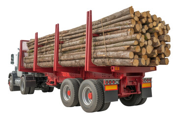 A large semi-truck and its trailer are heavily loaded with numerous freshly cut logs, secured for transport, against a clean transparent background. background removed