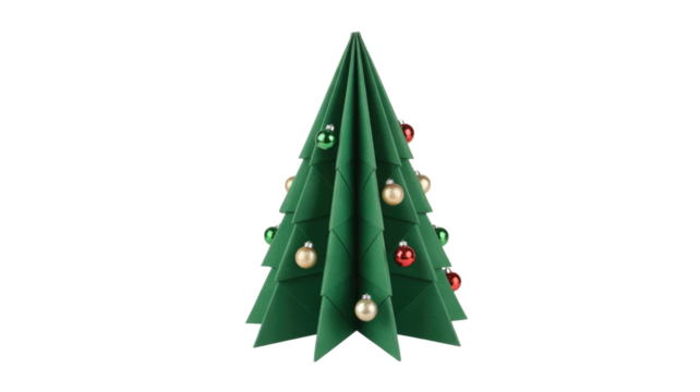 A festive, minimalist Christmas tree crafted from folded green paper, adorned with small red, gold, and green baubles on a dark transparent background. background removed